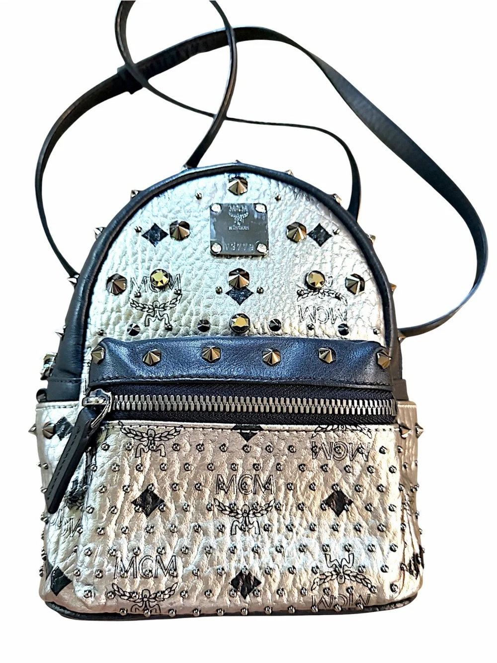 MCM Metallic Silver Studded Mini Backpack with Black Trim